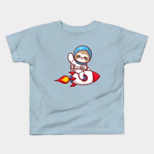 Cute Sloth Astronaut Riding Rocket And Waving Hand Cartoon Kids T-Shirt